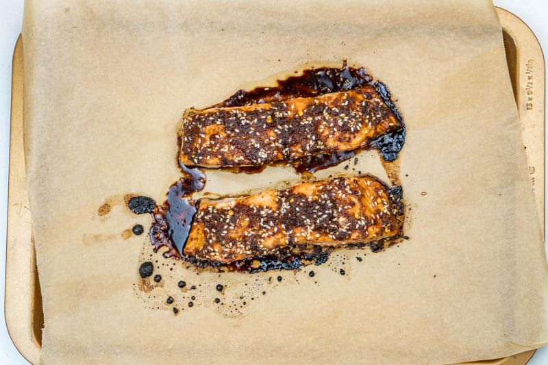 Removing the salmon from the oven